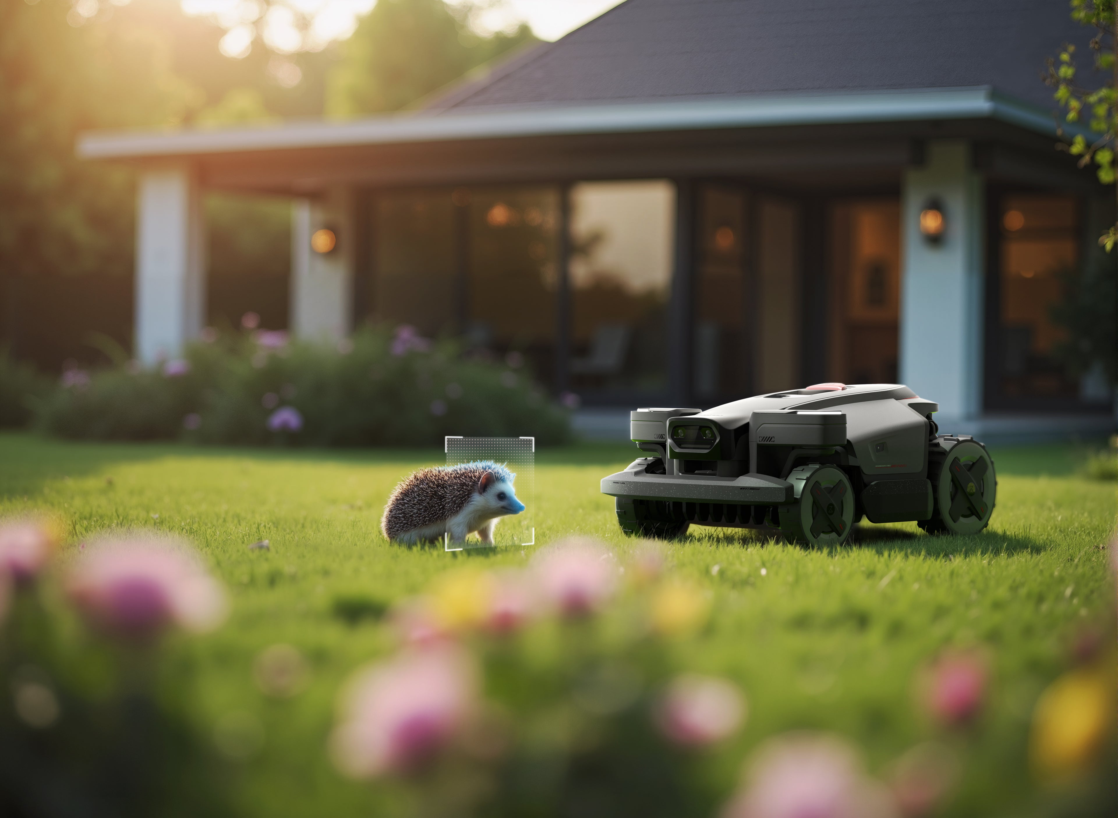 Roborock RockMow Z1 robotgressklipper fra RoboRock, sett forfra på gressplen.