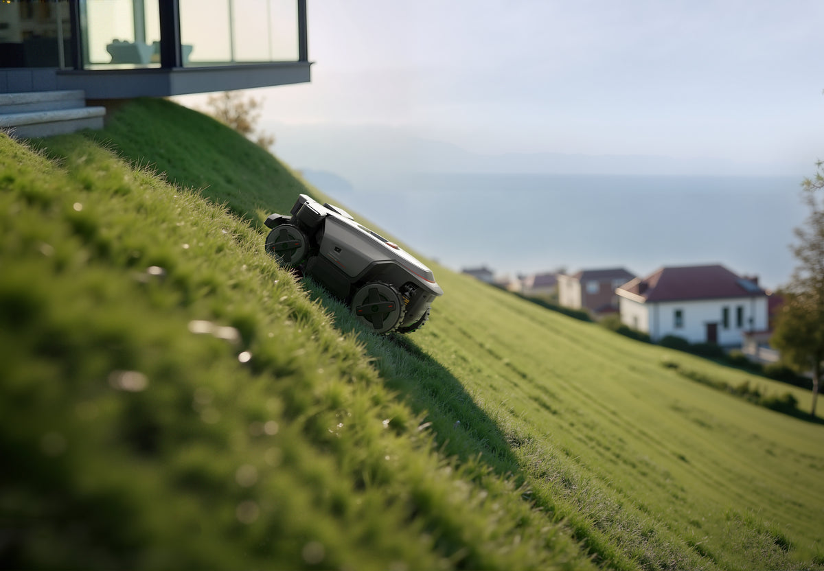 Roborock RockMow Z1 robotgressklipper fra RoboRock, sett i sort og hvitt design for automatisk gressklipping.