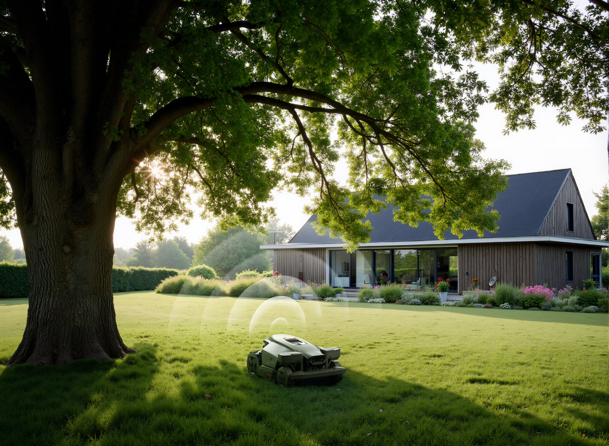 Roborock RockMow Z1 robotgressklipper med tilhørende garasje for oppbevaring og lading