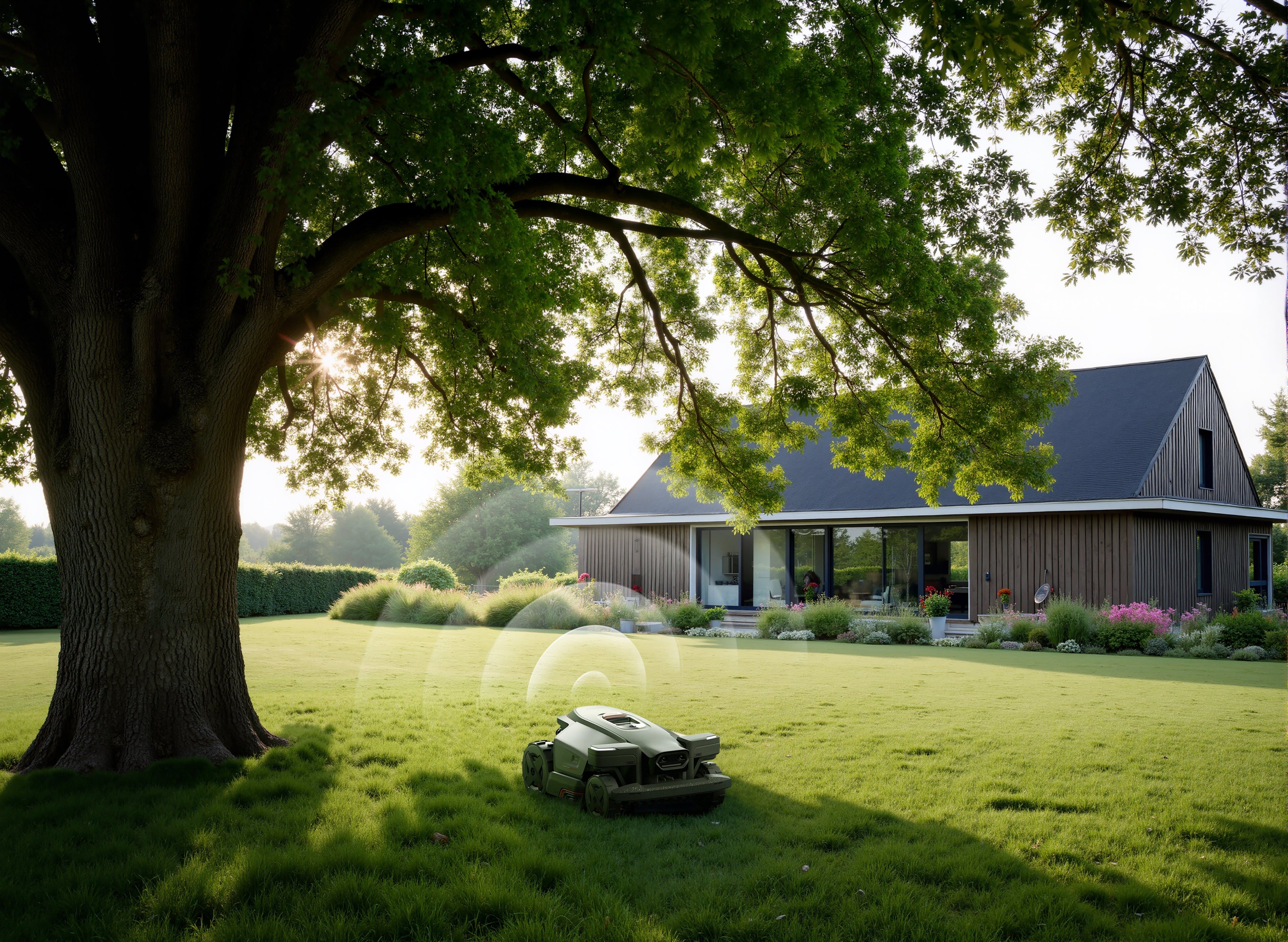 Roborock RockMow Z1 robotgressklipper med tilhørende garasje for oppbevaring og lading